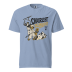 Washed denim blue t-shirt with a graphic of a skier on a chairlift and mountain, with text 'Chairlift Delinquent'.