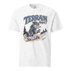 White t-shirt with 'Terrain Addict' graphic design on a white background