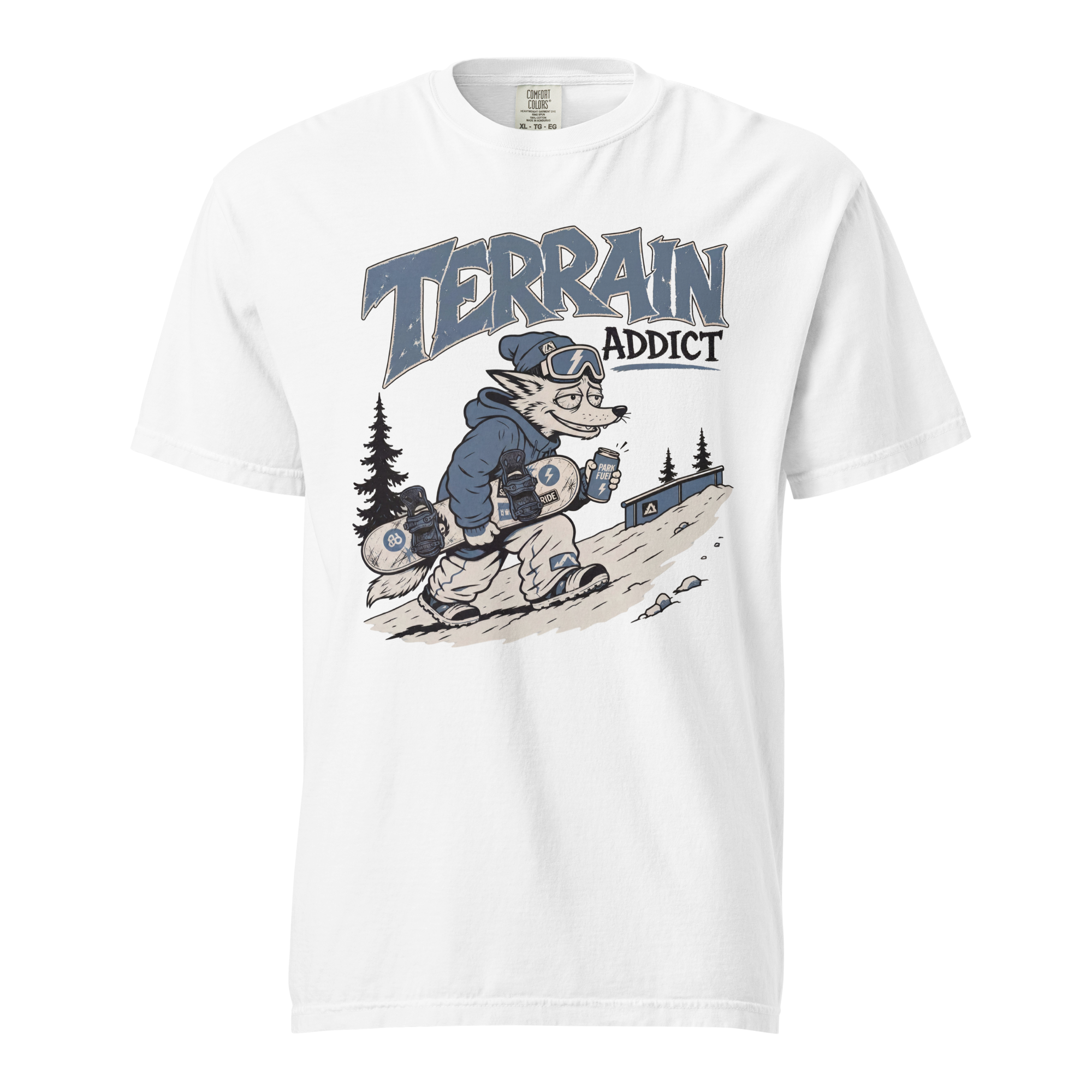 White t-shirt with 'Terrain Addict' graphic design on a white background
