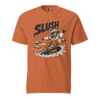 Yam colored t-shirt with a graphic of a raccoon snowboarding and the word 'SLUSH' on a white background.